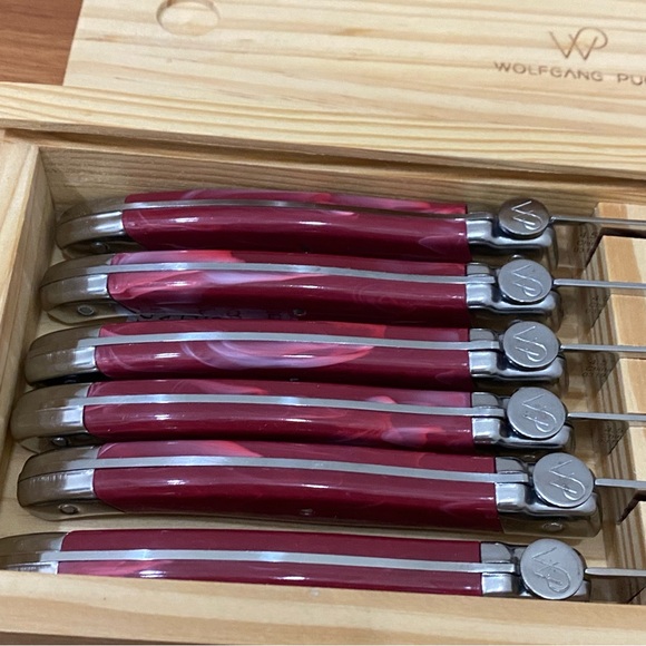 6pcs. WOLFGANG PUCK 4.5” Stainless Steel Steak Knife Set Wood Storage Box Red - Picture 6 of 13